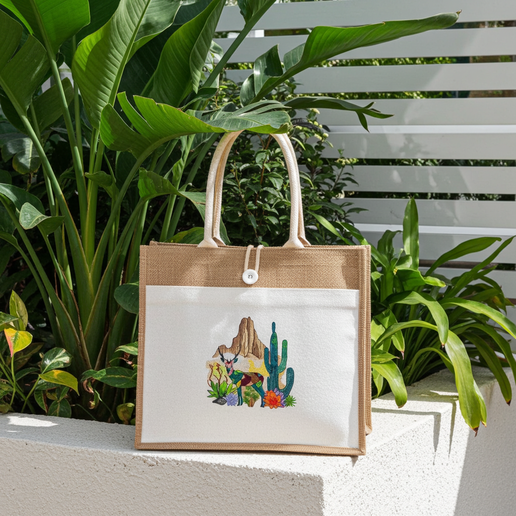 Natural jute tote handbag featuring a desert mosaic deer and cactus embroidery design, displayed outdoors on a ledge with lush green plants and a white fence in the background