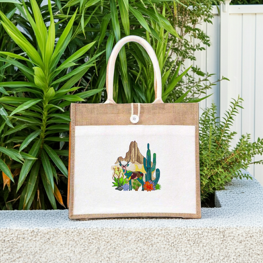 Natural jute tote handbag featuring a desert mosaic deer and cactus embroidery design, displayed outdoors on a ledge with lush green plants and a white fence in the background.