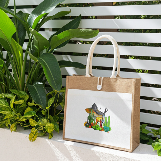 Natural jute tote handbag featuring a desert mountain deer embroidery design, photographed outdoors by a small stream with rocks and yellow flowers.