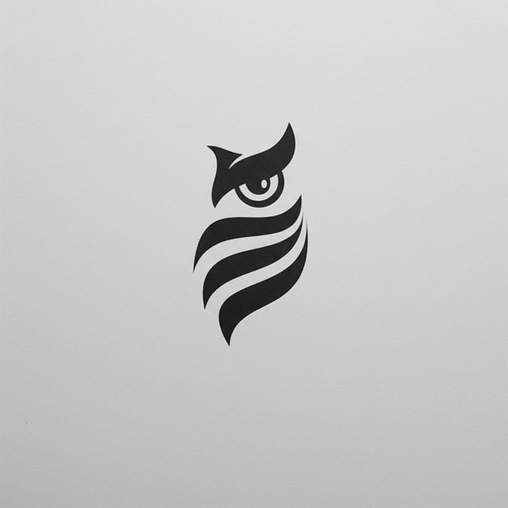 Black owl logo on a white background