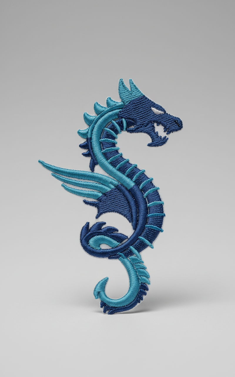 Blue embroidered flying blue dragon design on a grid background