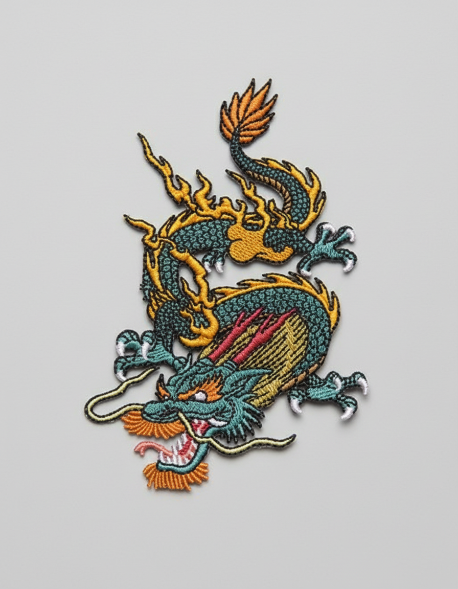 Colorful dragon design on a grid background