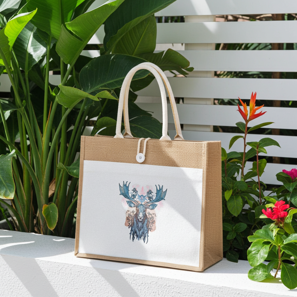 Natural jute tote handbag featuring an enchanted blue moose with Nordic antlers embroidery design, displayed outdoors with lush green plants and a white fence in the background.