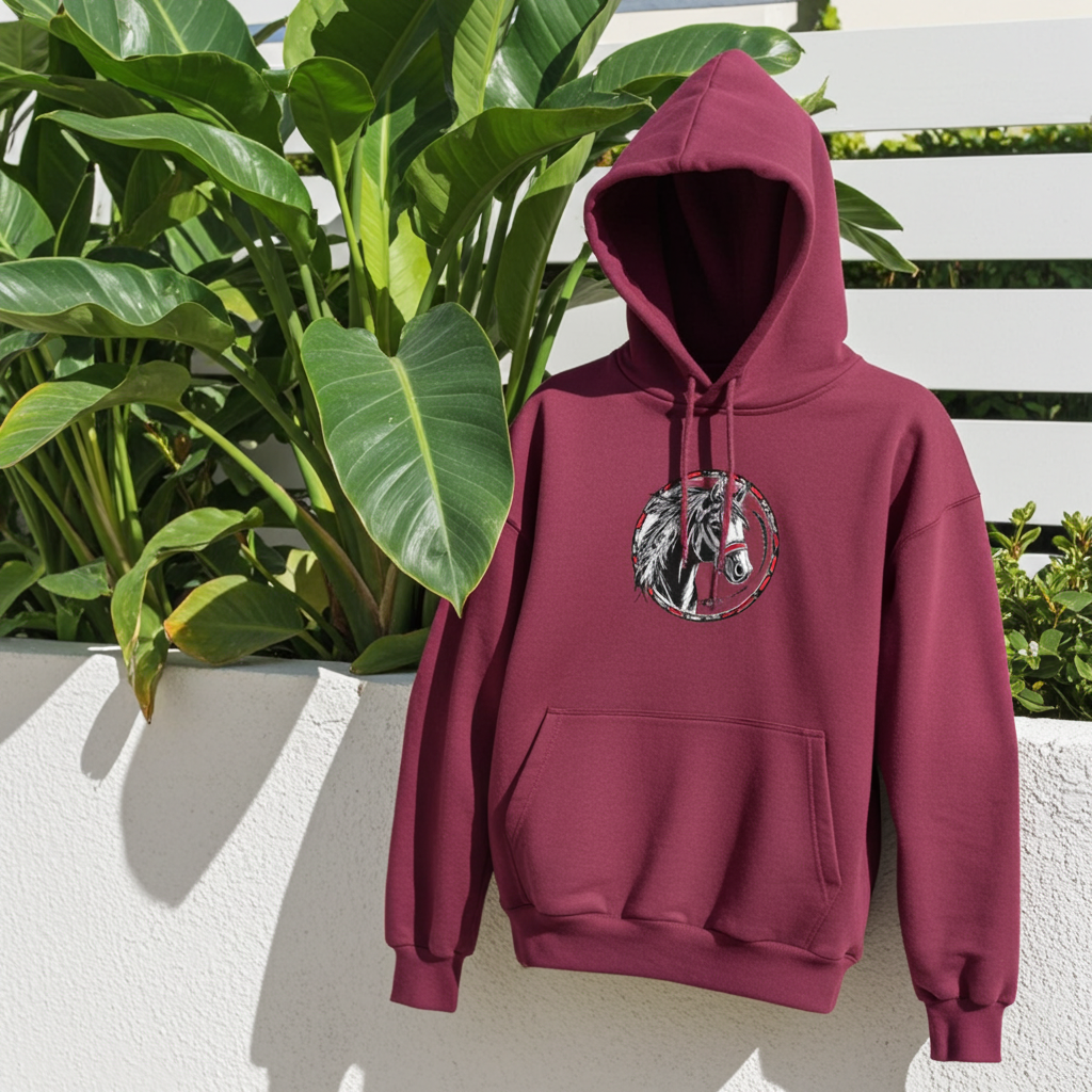 Burgundy unisex pullover hoodie with free spirit horse emblem embroidery in black and red circle design, styled outdoors on wall with green plants.