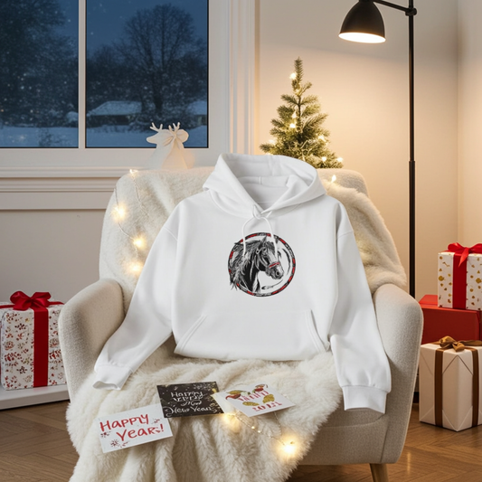 White unisex pullover hoodie with free spirit horse emblem embroidery in black and red circle design, styled on armchair with holiday gifts and warm lights.