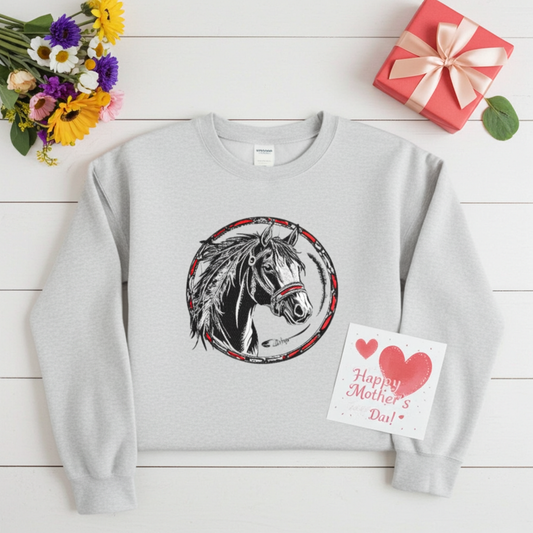 Mint green unisex crewneck sweatshirt with free spirit horse emblem embroidery in black and red circle design, flat lay with roses, gift boxes and Mother’s Day card.