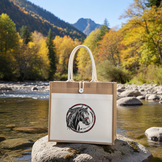 Jute beach tote bag with Free Spirit horse emblem embroidery in black and red circle design, standing on rock in river with autumn forest background.