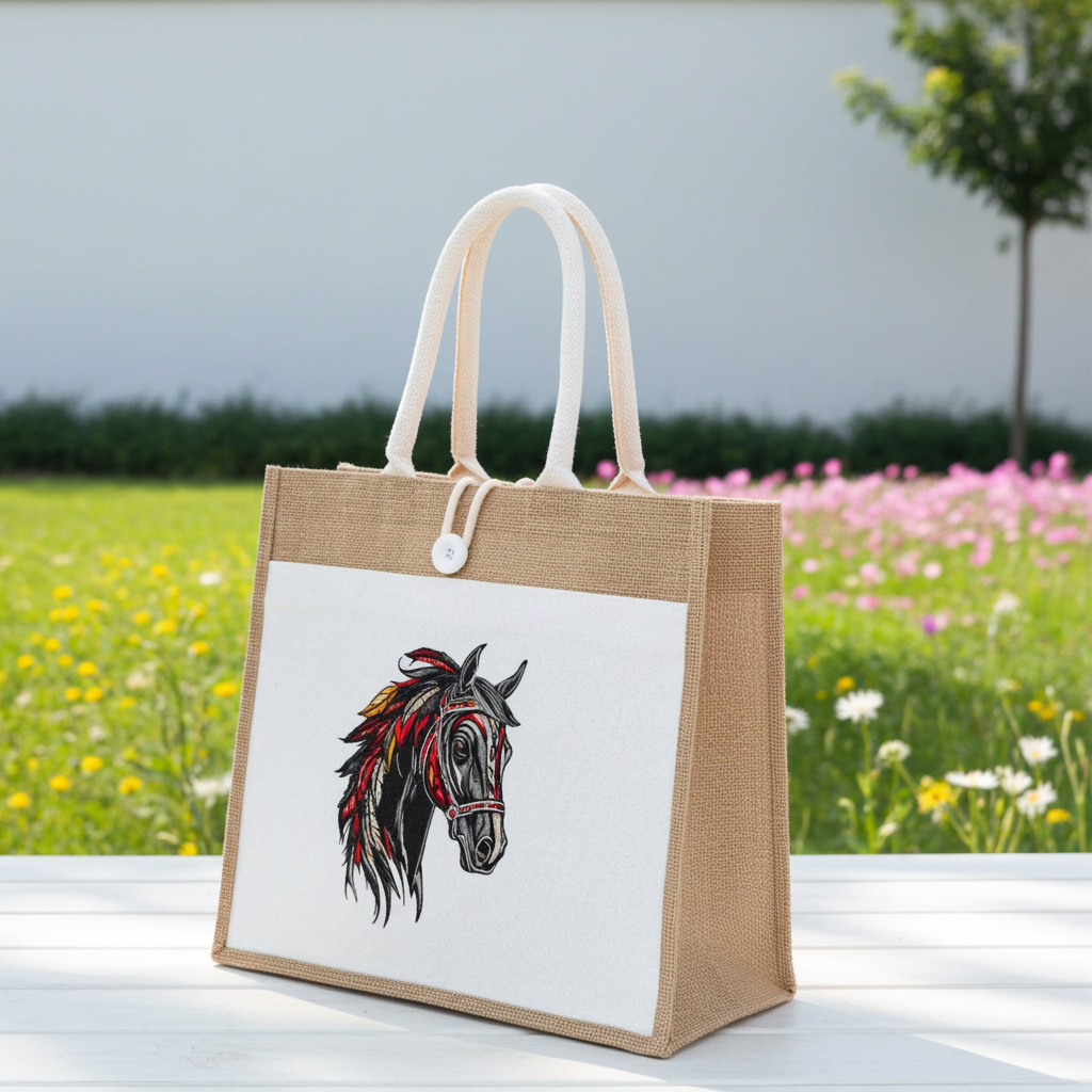 Jute tote bag with Free Spirit horse head embroidery in black and red, filled with wildflowers and photographed outdoors in a sunny meadow.