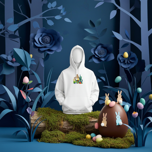 White hoodie mockup featuring an embroidered geometric desert deer and cactus design on the chest, displayed in a whimsical blue forest scene with moss, Easter eggs, and chocolate bunny decorations.