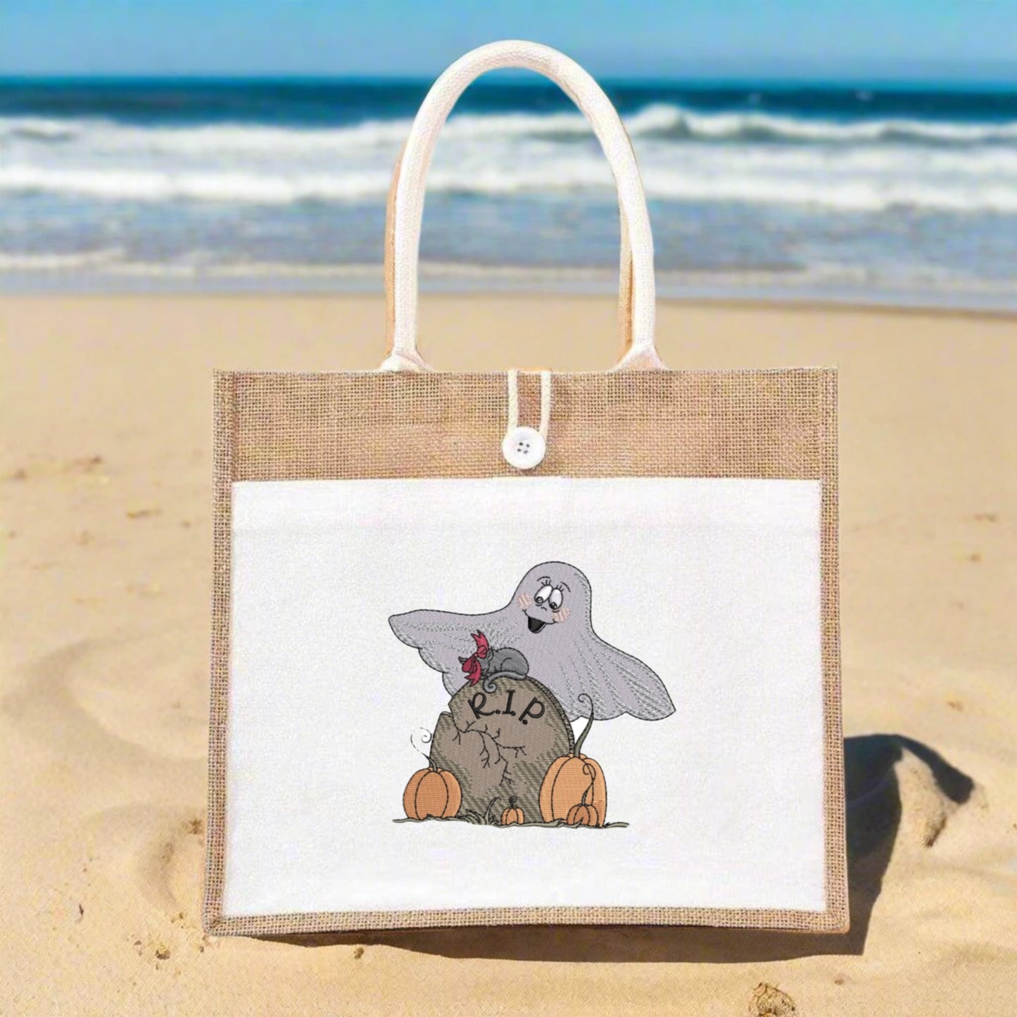 Ghost Pumpkin RIP Sweatshirt, Hoodie & Jute Tote | Embroidered Dubai Mourning-Magic | Small Batch Autumn Soul