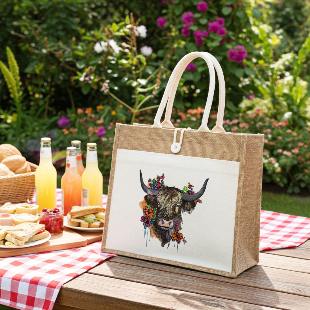 Natural jute tote handbag featuring a highland cow with floral embroidery design, styled on a picnic table with snacks and juice, with sunflowers and garden flowers in the background.