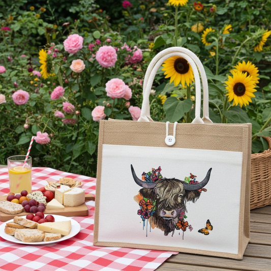 Natural jute tote handbag featuring a highland cow with floral embroidery design, styled on a picnic table with snacks and juice, with sunflowers and garden flowers in the background.