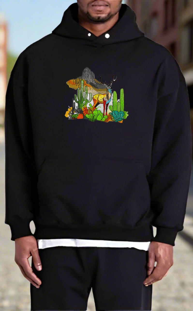 Alpine Desert Fusion: Mountain Deer & Cactus Embroidered Hoodie – Wilderness Contrast 🦌🌵 Artisan Crafted | Support Small Biz