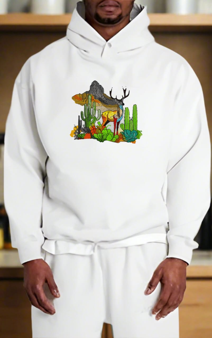 Alpine Desert Fusion: Mountain Deer & Cactus Embroidered Hoodie – Wilderness Contrast 🦌🌵 Artisan Crafted | Support Small Biz