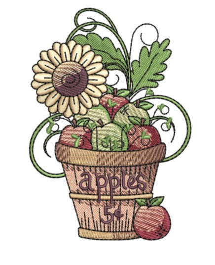Basket Apples Flowers | Embroidered Harvest Whimsy | Dubai Artisan Craft | Small Batch Fall Magic