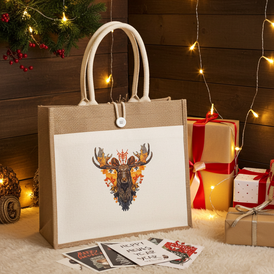 Natural jute tote handbag featuring a majestic autumn moose embroidery design, styled indoors with star string lights, wrapped gifts, and holiday cards on a cozy rug.