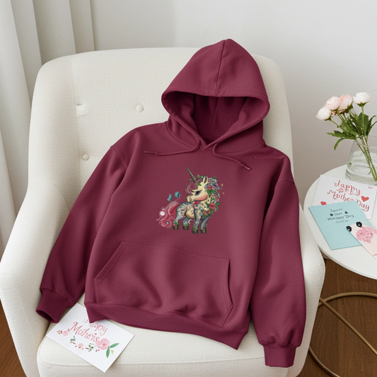 Burgundy hoodie mockup featuring an embroidered floral unicorn with a pink mane and colorful flowers on the chest, styled on a light armchair with Mother’s Day cards and a vase of flowers on a side table.