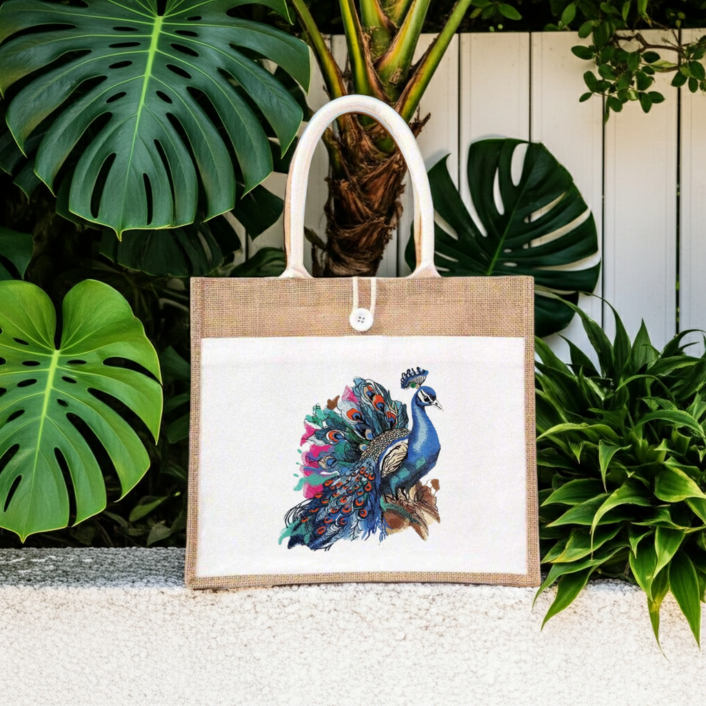 Natural jute tote handbag featuring a majestic peacock embroidery design, displayed outdoors on a wooden bench with orchids, lush green plants, and a white slatted backdrop.