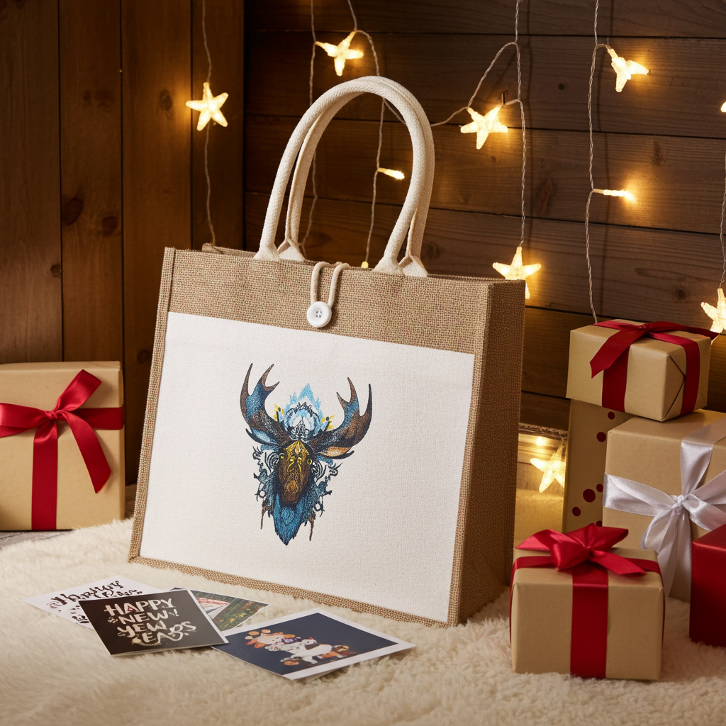 Natural jute tote handbag featuring a mystic blue moose with Nordic antlers embroidery design, styled on a fluffy rug with string lights, wrapped gifts, and holiday cards.