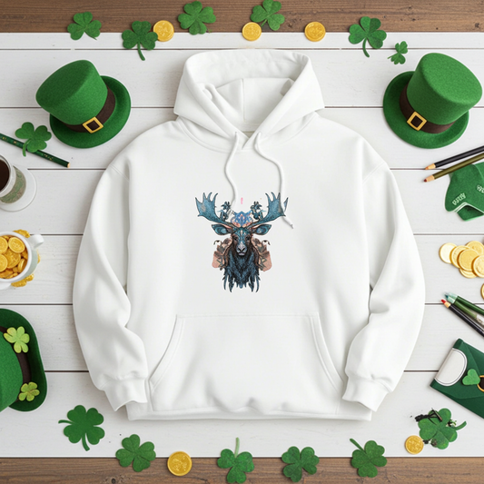 White premium hoodie with Mystic Moose embroidery featuring blue antlers and ornate details, styled on a wooden background with green shamrock decorations, hats, and gold coins, original EmbroMania artwork.