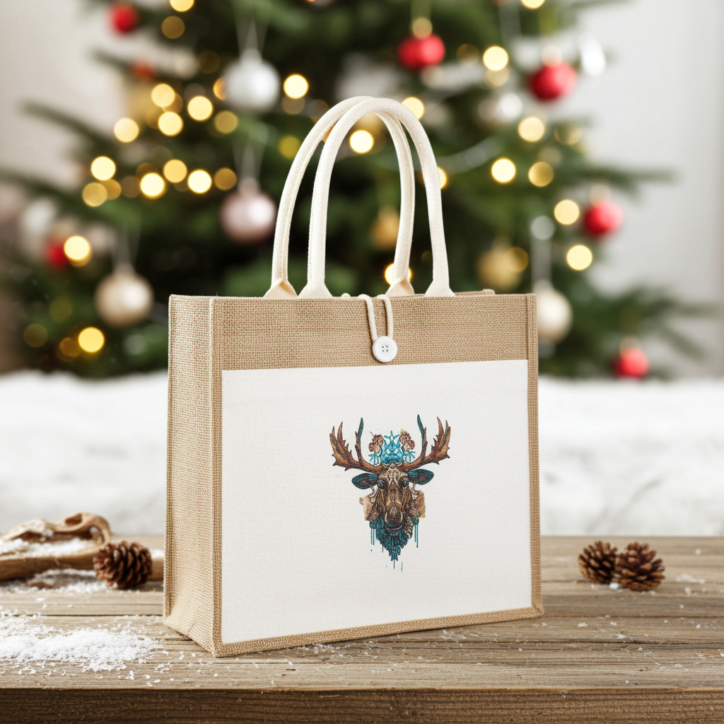 Natural jute tote handbag featuring a Nordic moose with antlers embroidery design, styled on a wooden table with pinecones and a blurred Christmas tree in the background.