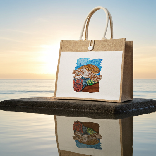 Natural jute tote handbag featuring an ocean guardian sea turtle embroidery design, photographed on a sandy beach with seashells and the ocean in the background.
