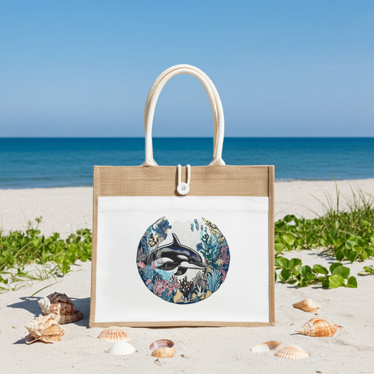 Natural jute tote handbag featuring an orca coral reef embroidery design, photographed on a sandy beach with seashells, green dune plants, and the ocean in the background.
