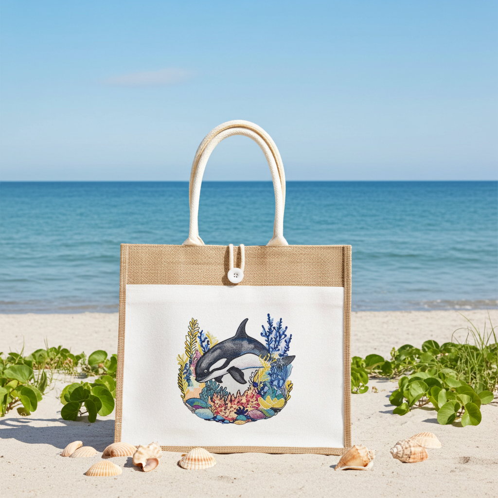 Jute tote handbag with an orca whale and colorful coral reef embroidery-style design, photographed on a sandy beach with seashells and the ocean in the background.