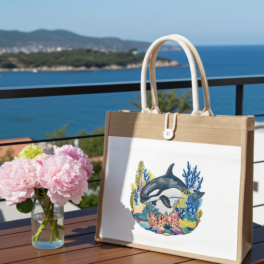 Jute tote handbag with an orca whale and colorful coral reef embroidery-style design, photographed on a sandy beach with seashells and the ocean in the background.