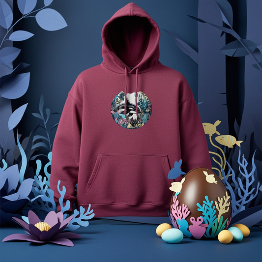 Burgundy premium hoodie with Orca Sanctuary embroidery showing an orca inside a circular coral reef frame, styled in an underwater-themed scene with sea plants and egg decor, original EmbroMania artwork.
