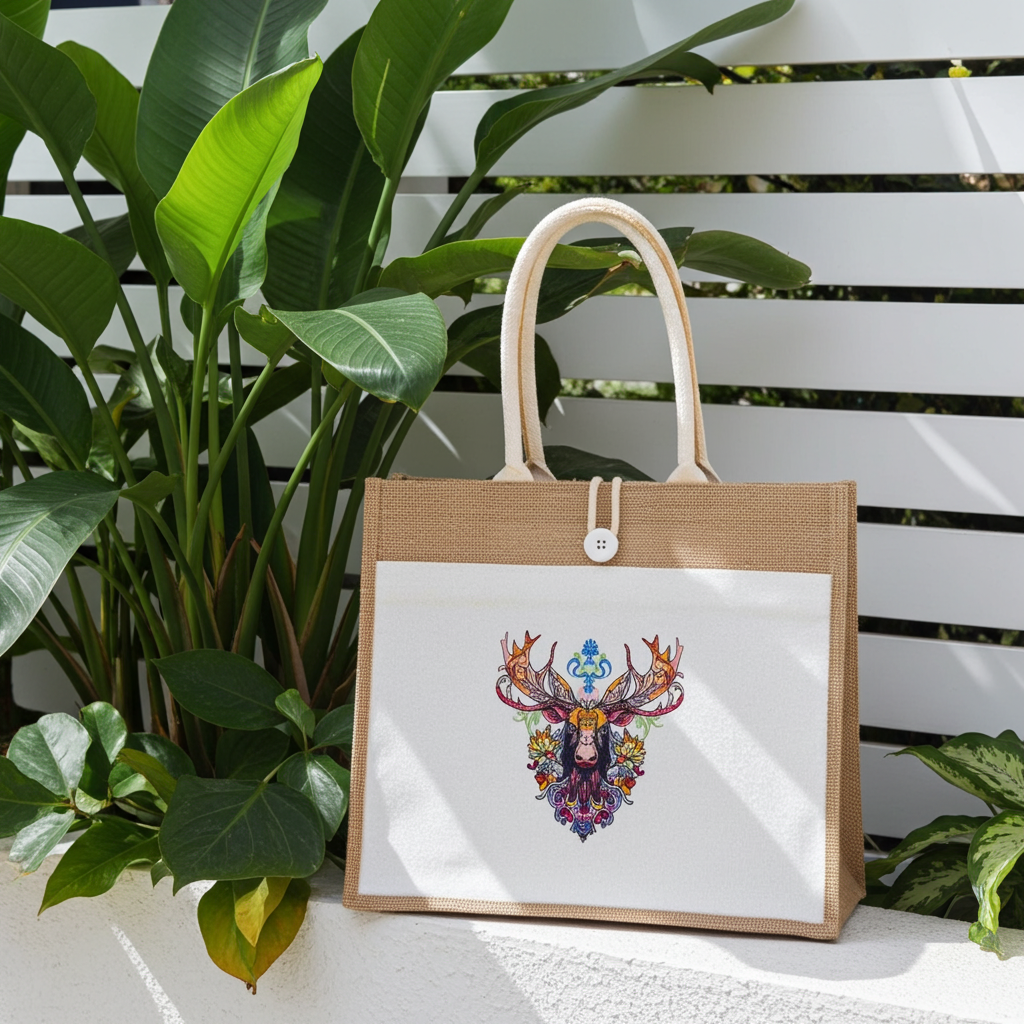 Natural jute tote handbag featuring an ornate floral moose embroidery design, displayed outdoors on a ledge with lush green tropical plants and a white fence in the background.