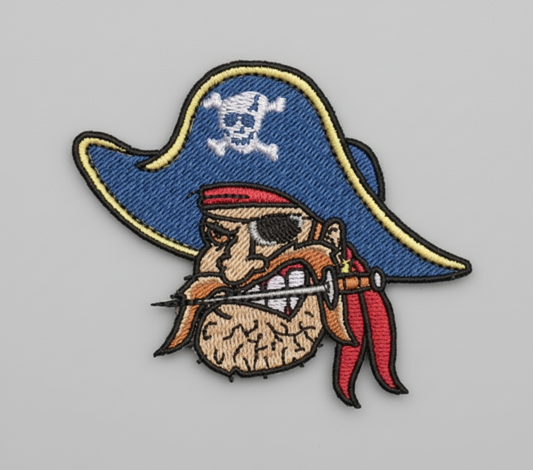 Pirate skull patch with a blue tricorne hat on a grid background