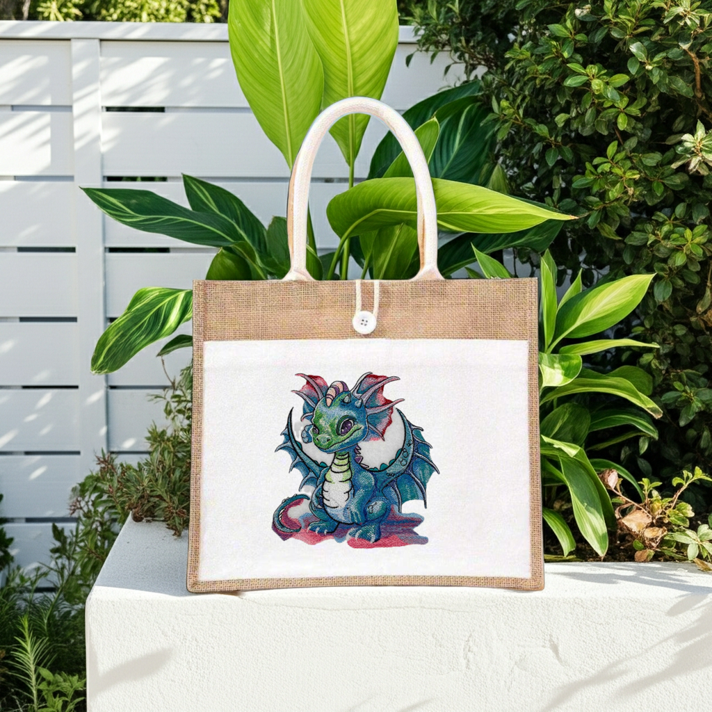 Jute tote handbag featuring a colorful playful baby dragon embroidery-style design, placed outdoors on a white ledge with large green tropical leaves in the background.