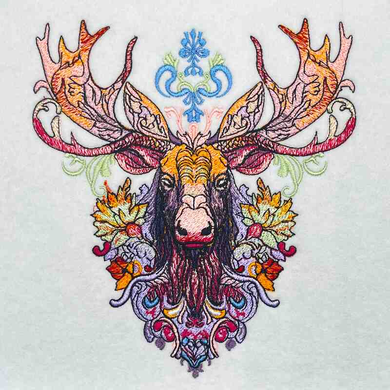 Embroidered hoodie featuring a detailed moose design with wildflowers.