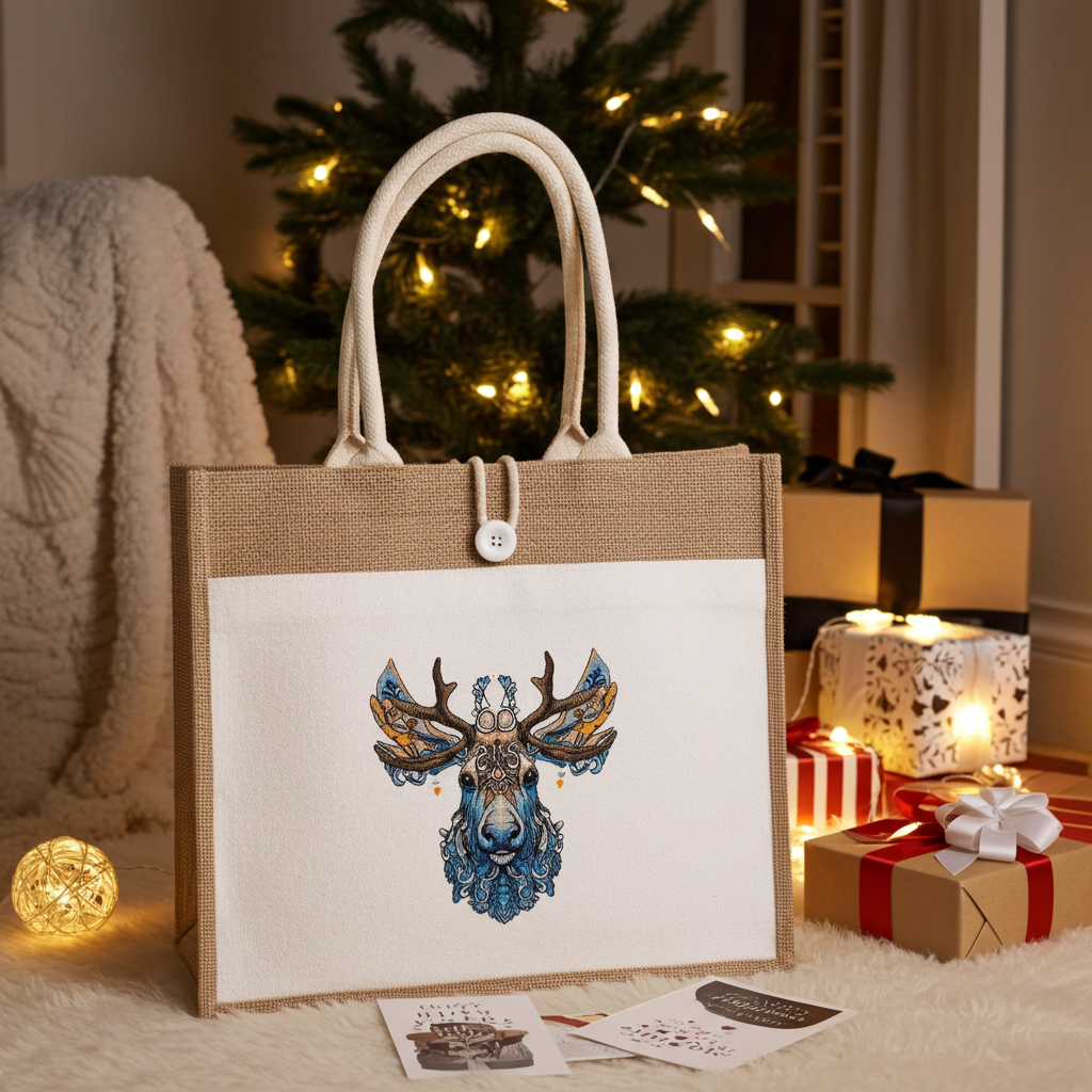 Natural jute tote handbag featuring a regal frost moose embroidery design, styled on a cozy rug with a lit Christmas tree and wrapped gifts in the background.