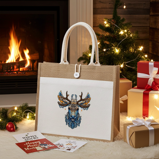Natural jute tote handbag featuring a regal frost moose embroidery design, styled on a cozy rug with a lit Christmas tree and wrapped gifts in the background.