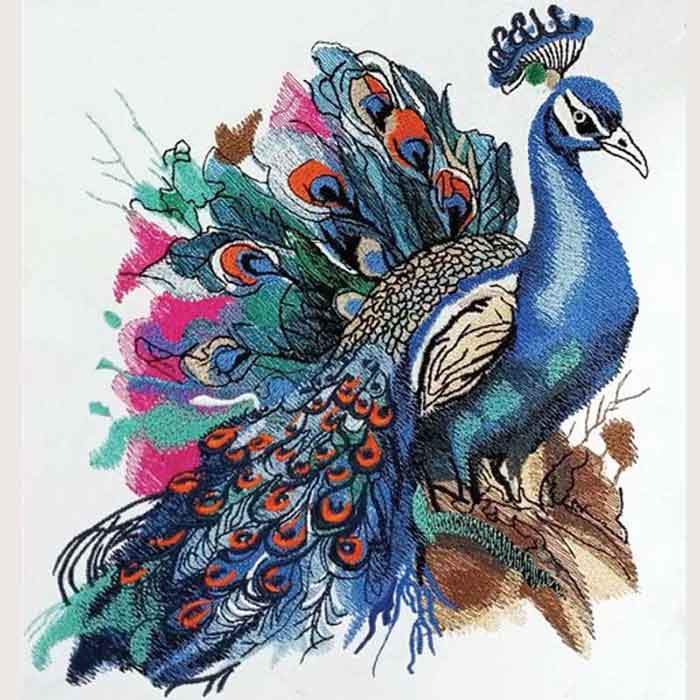 A featuring a detailed peacock embroidery with iridescent threads on a biodegradable jute base.