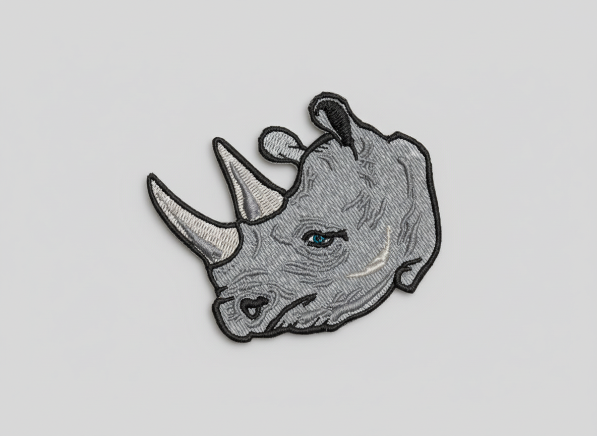 Embroidered patch of a rhinoceros head on a grid background