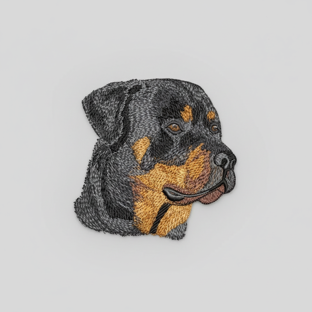 Embroidered design of a Rottweiler dog head on a grid background