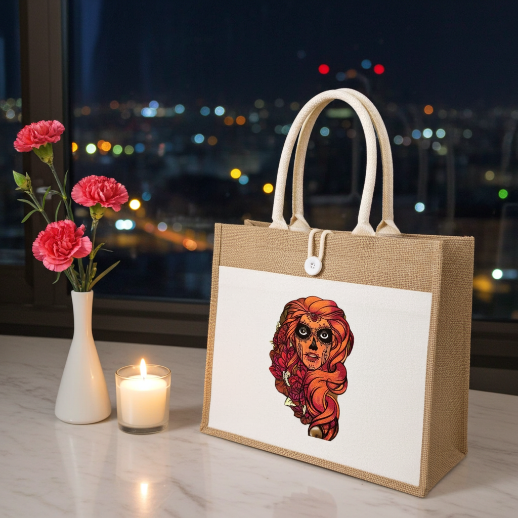 Natural jute tote handbag featuring a sugar skull girl embroidery design, styled on a marble table with a lit candle, pink flowers, and city lights in the background.