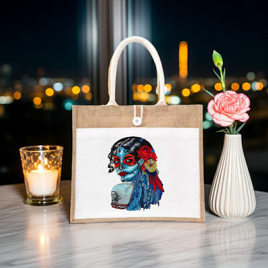 Natural jute tote handbag featuring a sugar skull muse embroidery design, styled on a marble table with a lit candle, red flowers in a vase, and city lights in the background.