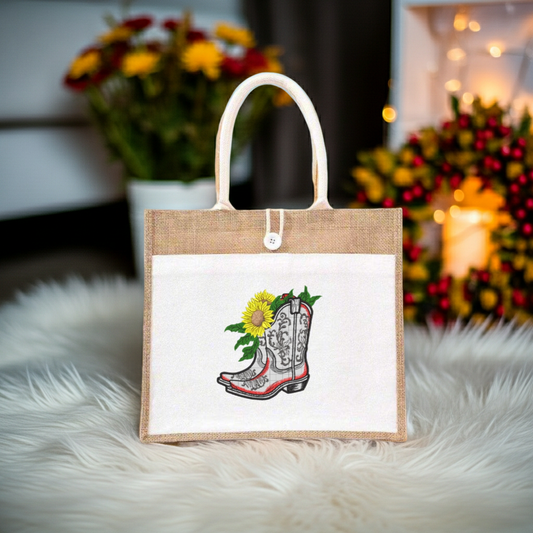 Jute tote handbag with sunflower cowboy boots appliqué embroidery design, styled in cozy autumn setting by fireplace with blanket and flowers.