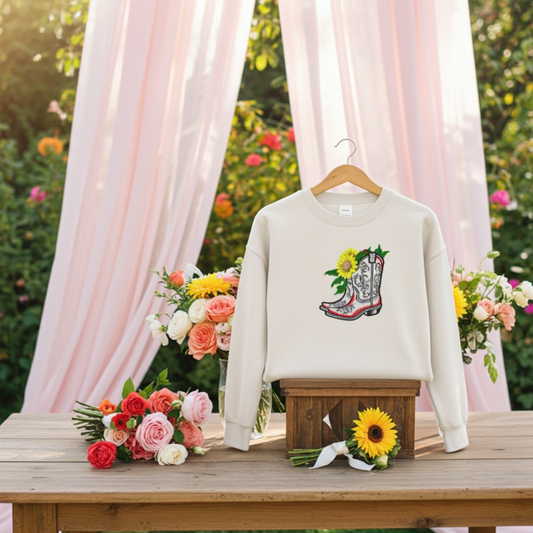 Mint green unisex crewneck sweatshirt with sunflower cowboy boots embroidery design, displayed on stand in floral event setting with draped curtains.