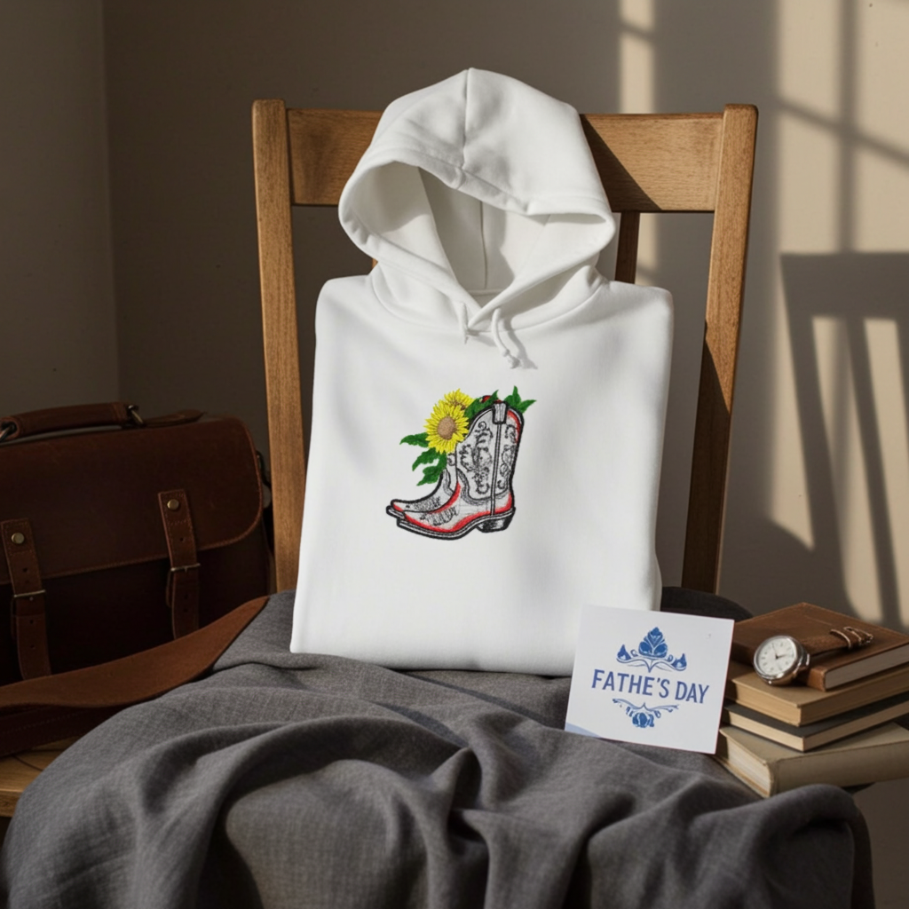 White hoodie mockup with embroidered cowboy boot and sunflower appliqué on the chest, styled on a wooden chair with books and a Father’s Day card.