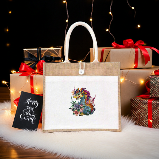 Natural jute tote handbag featuring a vivid bloom dragon embroidery design, styled indoors on a fluffy rug with wrapped gifts, string lights, and holiday cards nearby.