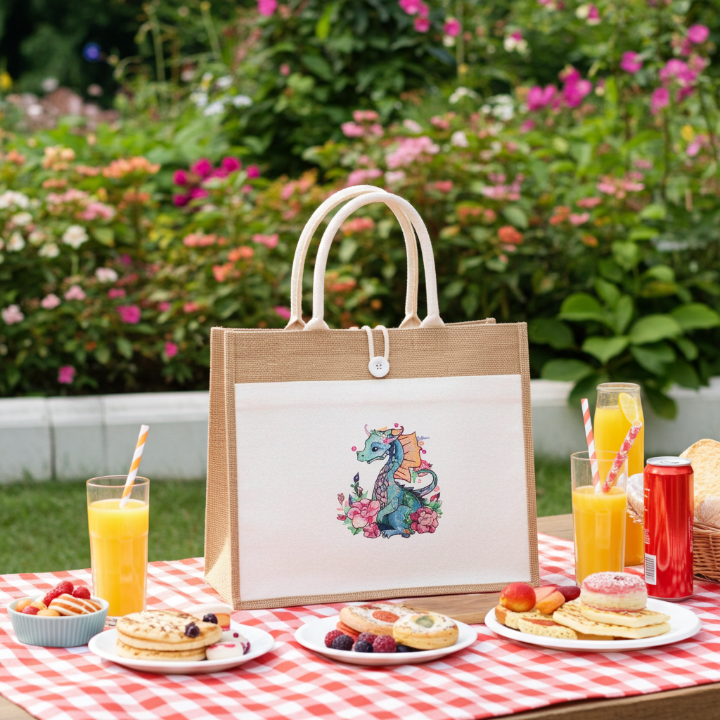 Natural jute tote handbag featuring a whimsical garden dragon embroidery design, styled on a picnic table with breakfast treats, orange juice, and a colorful flower garden in the background.