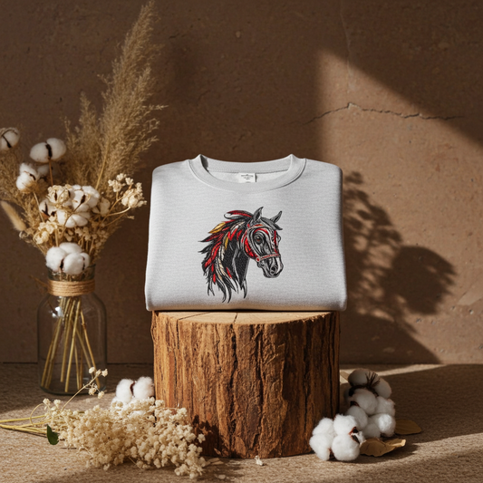 Mint green unisex crewneck sweatshirt with wild spirit horse head embroidery in black and red, styled on wooden stump with dried florals in rustic setting.