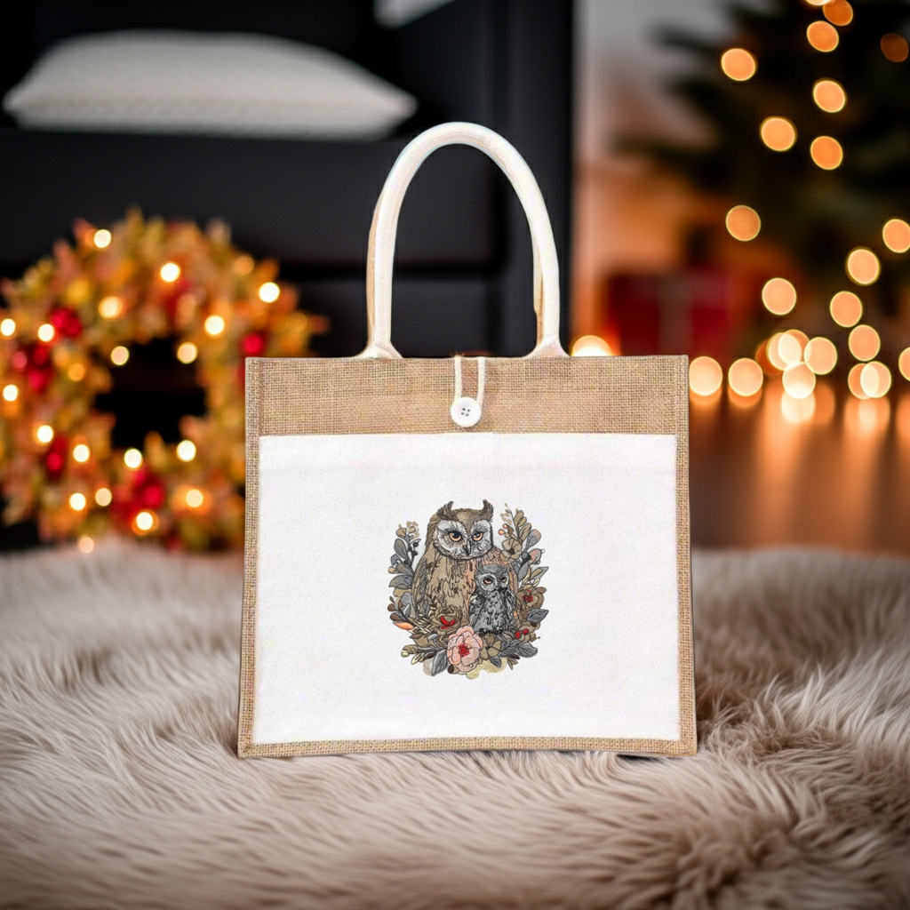 Natural jute tote bag featuring a woodland owl pair embroidery design, styled indoors on a fluffy rug with a fall flower arrangement and warm bokeh lights in the background.