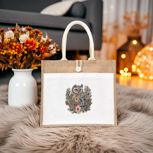 Natural jute tote bag featuring a woodland owl pair embroidery design, styled indoors on a fluffy rug with a fall flower arrangement and warm bokeh lights in the background.