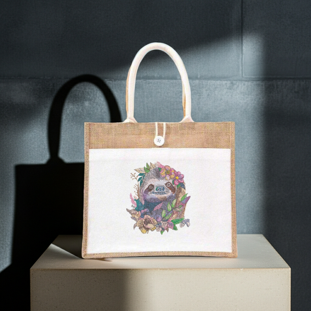 Jute tote bag with woodland sloth bloom embroidery design, displayed on pedestal against dark wall in minimalist studio lighting.